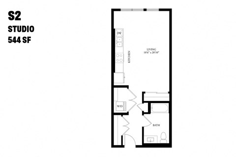 Floor plan for studio, 1 bath, 544 sqft